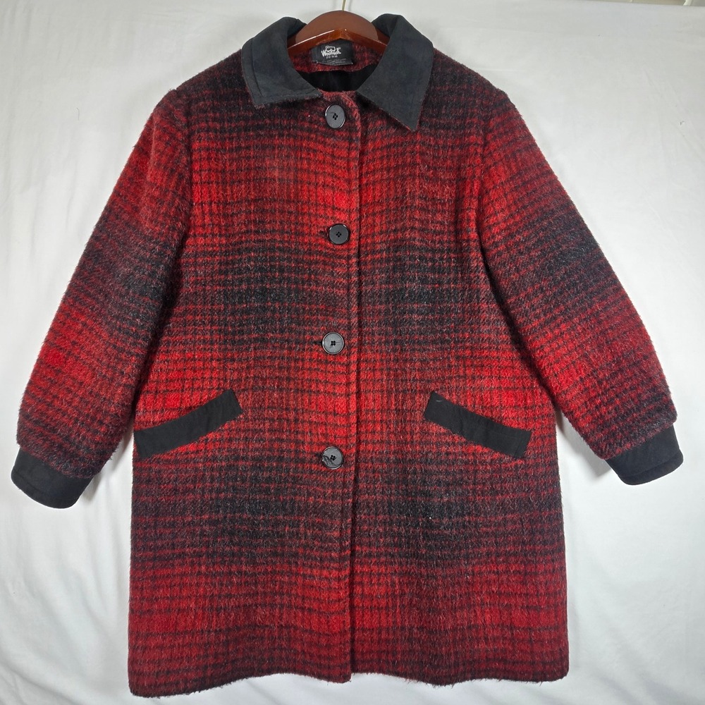 Woolrich Vintage Red Black Plaid Wool Mohair Blend Car Coat Jacket 10106 Women L